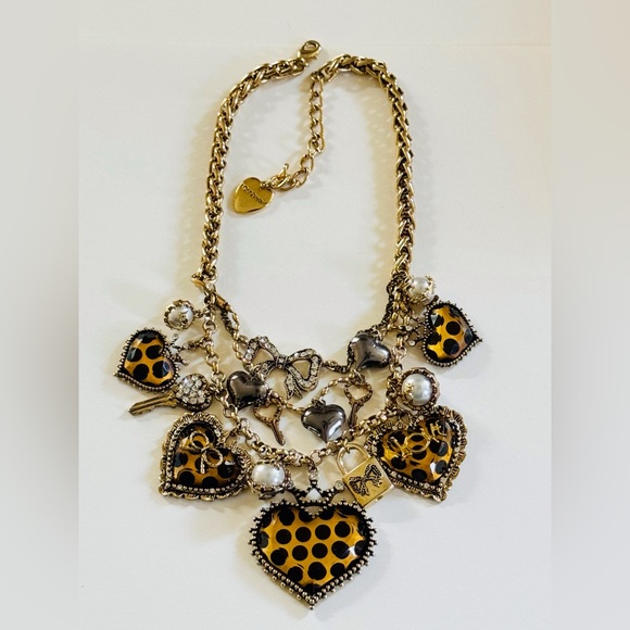 Betsey Johnson Necklace Designer Heart Bow Polka Dot Multi Crystal Gold Bib Rare - Picture 2 of 8